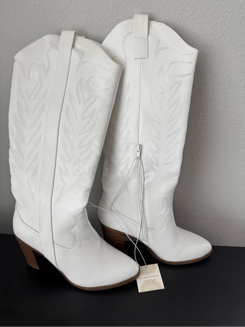 Altar'd State White Knee-High Western Heeled Boots - Picture 3 of 5